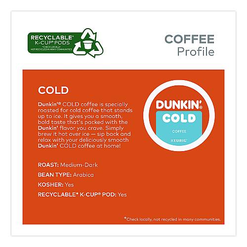 Dunkin Donuts Cold Iced Coffee K-Cups, Regular, 0.44 oz, 22/Box (5000369251)