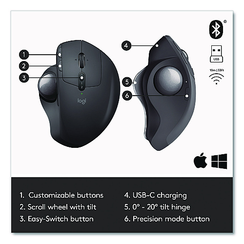 Logitech MX Ergo Plus Advanced Wireless Trackball Mouse, 2.4 GHz Frequency/33 ft Wireless Range, Right Hand Use, Black (2764655)