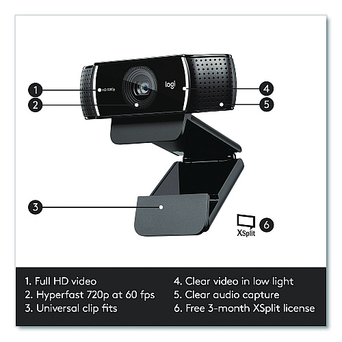 Logitech C922 Pro Stream Webcam, 1920 pixels x 1080 pixels, 3 Mpixels, Black (2843756)