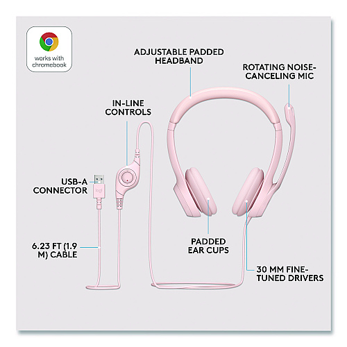 Logitech H390 Binaural Over The Head Headset, Rose (981001280)