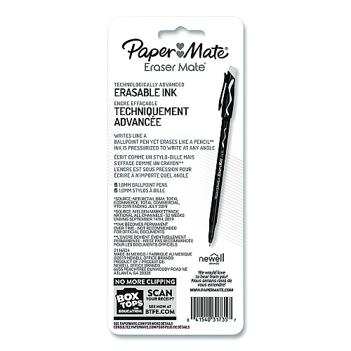 Paper Mate Eraser Mate Ballpoint Pen, Stick, Medium 1 mm, Red Ink, Red Barrel, 5/Pack (31735)
