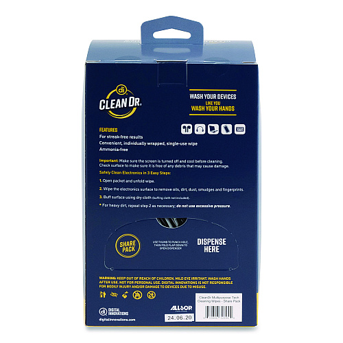Digital Innovations ScreenDr Multipurpose Tech Cleaning Wipes, 7 x 4, Unscented, White, 200/Pack (32694)