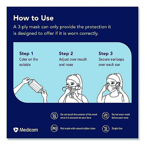 Medicom Three-Ply Disposable Face Mask, Paper, One Size Fits Most, 50/Box (214115CAN)