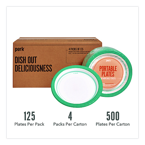 Perk Medium-Weight Paper Plates, 8.5" dia, White/Teal, 500/Carton (PK54329CT)