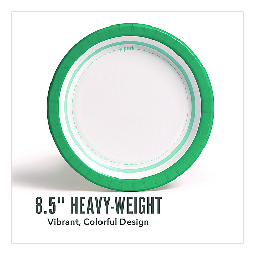 Perk Medium-Weight Paper Plates, 8.5" dia, White/Teal, 500/Carton (PK54329CT)