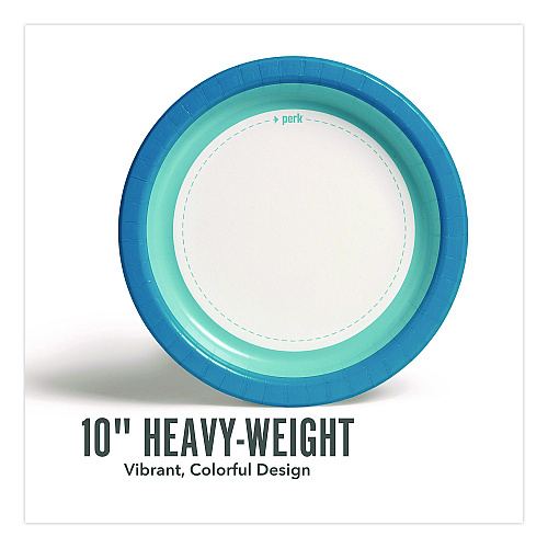 Perk Heavy-Weight Paper Plates, 10" dia, White/Blue, 500/Carton (PK54330CT)