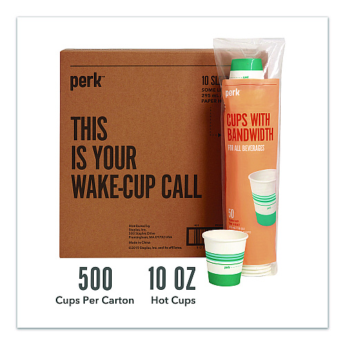 Perk Paper Hot Cups, 10 oz, White/Teal, 500/Carton (PK54366CT)