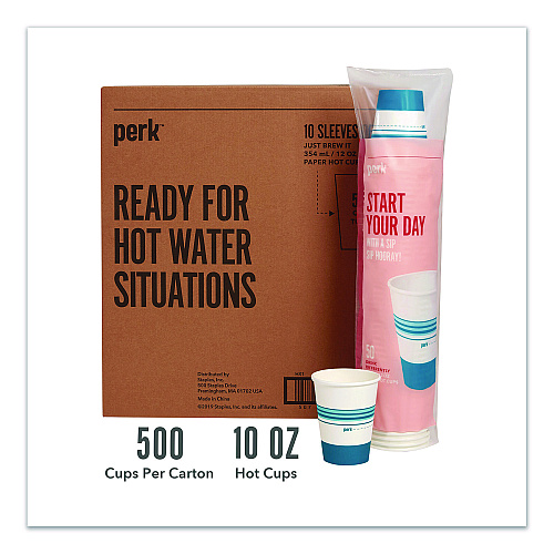 Perk Paper Hot Cups, 12 oz, White/Blue, 500/Carton (PK54367CT)