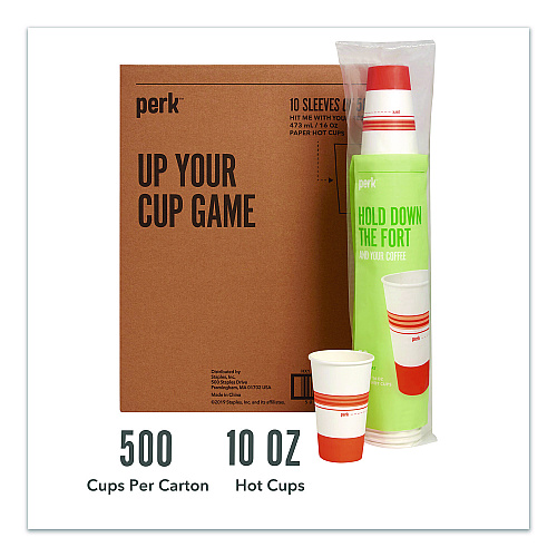 Perk Paper Hot Cups, 16 oz, White/Orange, 500/Carton (PK54368CT)