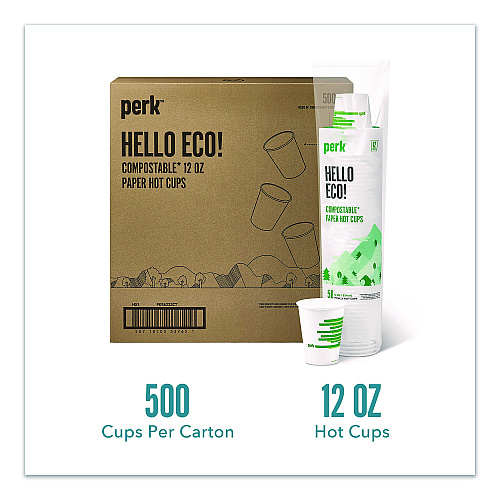 Perk Eco-ID Compostable Paper Hot Cups, 12 oz, White/Green, 500/Carton (PK56222CT)