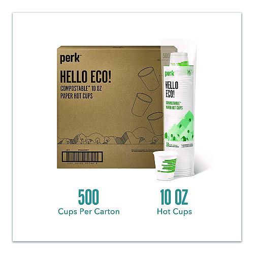 Perk Eco-ID Compostable Paper Hot Cups, 10 oz, White/Green, 500/Carton (PK56223CT)