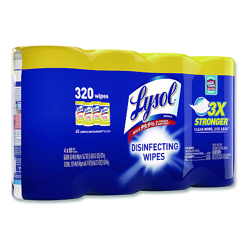 LYSOL Brand Disinfecting Wipes, 1-Ply, 7 x 7.25, Lemon and Lime Blossom, White, 80 Wipes/Canister, 4 Canisters/Pack (1920090641)