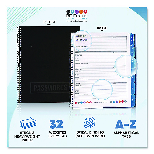 Re-focus the Creative Office Large Password Log Book, User-Name/Password Format, Black Cover, (48) 10 x 7.5 Sheets (LARGEPWBOOKB)
