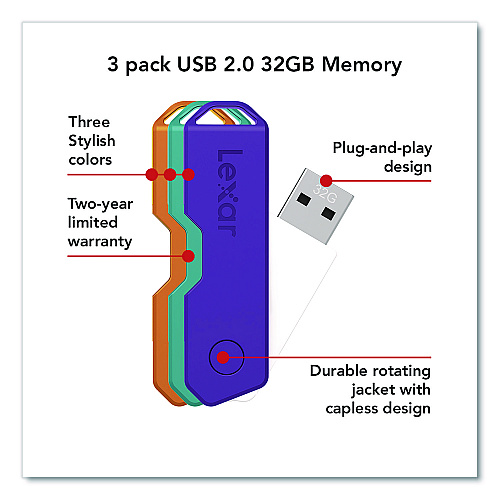 Lexar Twist Turn2 USB 2.0 Flash Drive, 32 GB, Orange/Purple/Teal, 3/Pack (24388082)