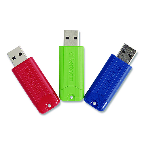 Verbatim PinStripe USB 3.2 Flash Drive, 16 GB, Blue/Green/Red, 3/Pack (70386)