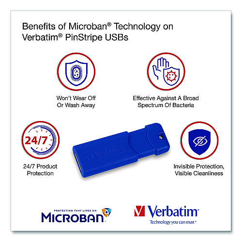 Verbatim PinStripe USB 3.2 Flash Drive, 16 GB, Blue/Green/Red, 3/Pack (70386)