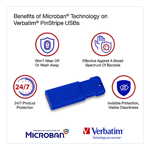 Verbatim PinStripe USB 3.0 Flash Drive, 16 GB, Assorted Colors, 5/Pack (70387)