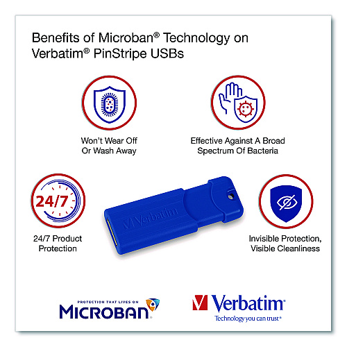 Verbatim PinStripe USB 3.2 Flash Drive, 64 GB, Assorted Colors, 5/Pack (70389)