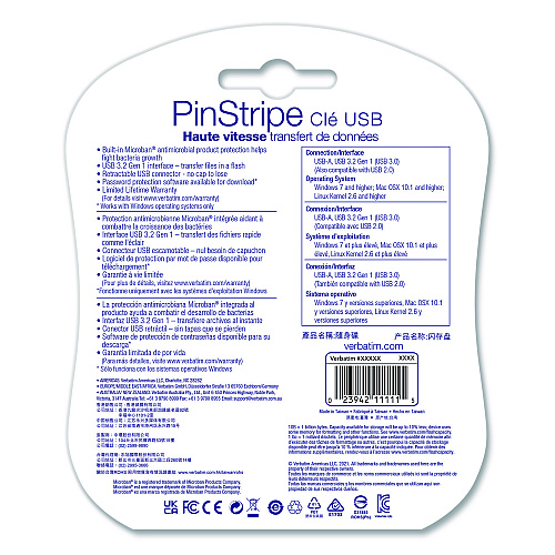 Verbatim PinStripe USB 3.2 Flash Drive, 64 GB, Assorted Colors, 5/Pack (70389)