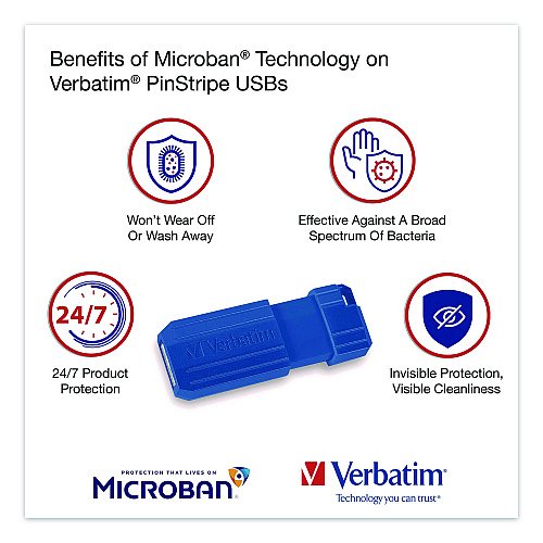 Verbatim PinStripe USB 2.0 Flash Drive, 128 GB, Blue/Red, 2/Pack (70391)
