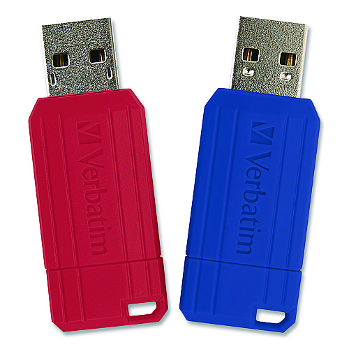 Verbatim PinStripe USB 2.0 Flash Drive, 128 GB, Blue/Red, 2/Pack (70391)