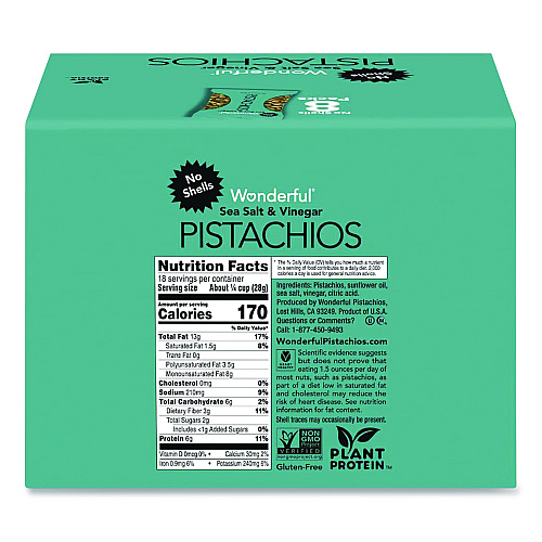 Paramount Farms Wonderful No Shells Pistachios, Sea Salt and Vinegar, 2.25 oz Bag, 8/Box (PAR70033)