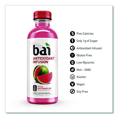 Bai Antioxidant Infused Beverage, Kula Watermelon 18 oz Bottle, 12/Carton (2712517)