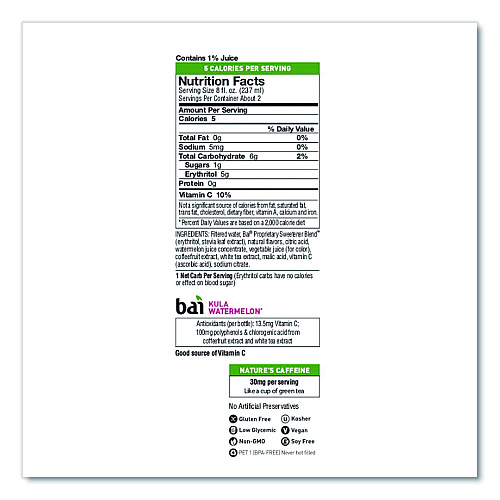 Bai Antioxidant Infused Beverage, Kula Watermelon 18 oz Bottle, 12/Carton (2712517)