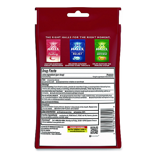 Halls Relief Menthol Cough Suppressant - Oral Anesthetic, Cherry, 30/Pack (621825221OWN)
