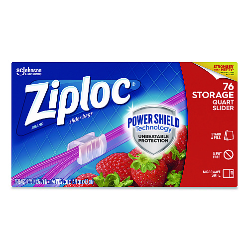 Ziploc Slider Storage Bags, Quart, 5.88" x 1.88" x 7.88", Clear, 76 Bags (316490EA)