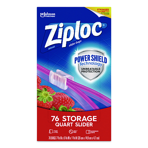 Ziploc Slider Storage Bags, Quart, 5.88" x 1.88" x 7.88", Clear, 76 Bags (316490EA)