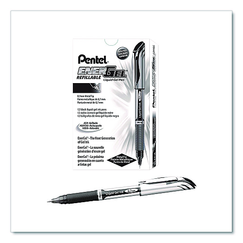 Pentel EnerGel Deluxe Gel Pen, Stick, Medium 0.7 mm, Black Ink, Silver/Black Barrel, Dozen (BL57ADZ)