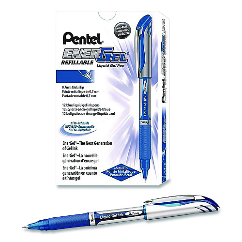 Pentel EnerGel Deluxe Gel Pen, Stick, Medium 0.7 mm, Blue Ink, Silver/Blue Barrel, Dozen (BL57CDZ)