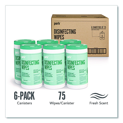 Perk Disinfecting Wipes, 7 x 8, Fresh, White, 75 Wipes/Canister, 6/Carton (PK56664CT)