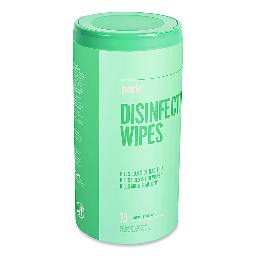 Perk Disinfecting Wipes, 7 x 8, Fresh, White, 75 Wipes/Canister, 6/Carton (PK56664CT)