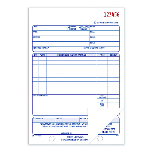 Adams Multipart Repair Order Pad, Two-Part Carbonless, 5.56 x 7.94, 50 Forms Total (D5084)