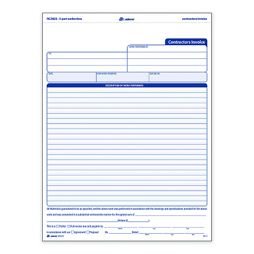 Adams Multipart Contractor Invoice Forms, Three-Part Carbonless, 8.5 x 10.94, 100 Forms Total (NC3822)