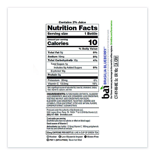Bai Antioxidant Infused Beverage, Brasilia Blueberry, 18 oz Bottle, 12/Carton (2712518)