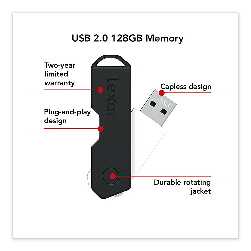 Lexar Twist Turn2 USB 2.0 Flash Drive, 128 GB, Black (24388081)