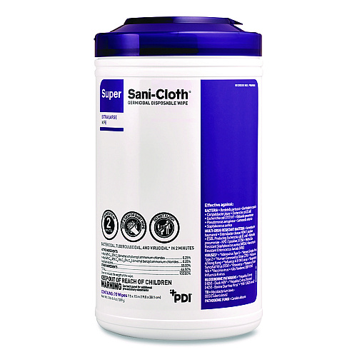 PDI Super Sani-Cloth Disinfecting Wipes, 15 x 7.5, Unscented, White, 75 Wipes/Canister, 6/Carton (P86984CT)