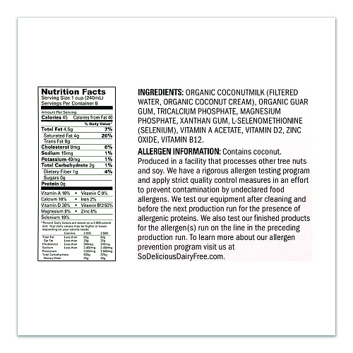 SO Delicious Coconut Milk, Unsweetened, 32 oz Aseptic Box (24288021)