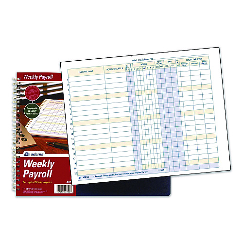 Adams Weekly Payroll Record Book for 20 Employees, Two-Page Spread: 36 Columns, Royal Blue Cover, 8.5 x 11 Sheets, 56 Sheets/Book (AFR50)