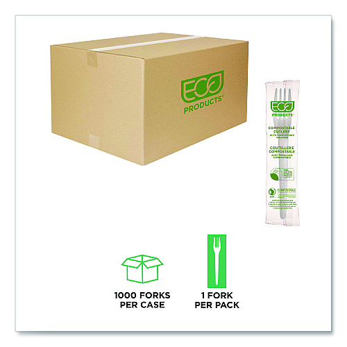 Eco-Products Plantware CPLA Cutlery, Individually Wrapped, Fork, Plastic, White, 1,000/Carton (EPS017W)