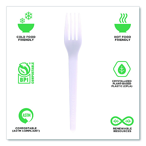 Eco-Products Plantware CPLA Cutlery, Individually Wrapped, Fork, Plastic, White, 1,000/Carton (EPS017W)