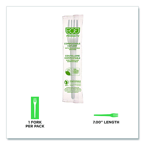 Eco-Products Plantware CPLA Cutlery, Individually Wrapped, Fork, Plastic, White, 1,000/Carton (EPS017W)
