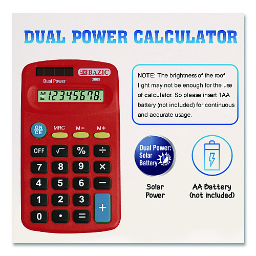 BAZIC Dual Power Pocket Size Calculator, 8-Digit, LCD (3009)