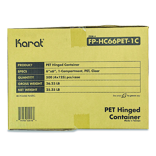 Karat PET Plastic Hinged Container, 6 x 6 x 3.3, Clear, Plastic, 500/Carton (FPHC66PET1C)