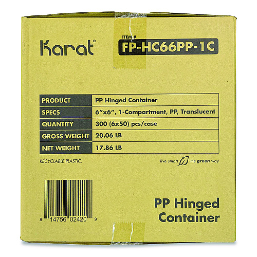 Karat Polypropylene Plastic Hinged Container, 6 x 6 x 3.3, Clear, Plastic, 50/Pack, 6 Packs/Carton (FPHC66PP1C)