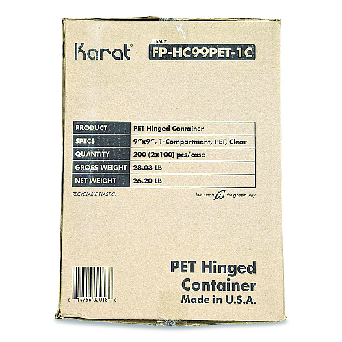 Karat PET Plastic Hinged Container, 9 x 9 x 3.6, Clear, Plastic, 100/Pack, 2 Packs/Carton (FPHC99PET1C)