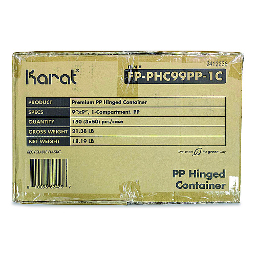 Karat Polypropylene Plastic Hinged Container, 9 x 9 x 3, Black/Clear, Plastic, 50/Pack, 3 Packs/Carton (FPPHC99PP1C)